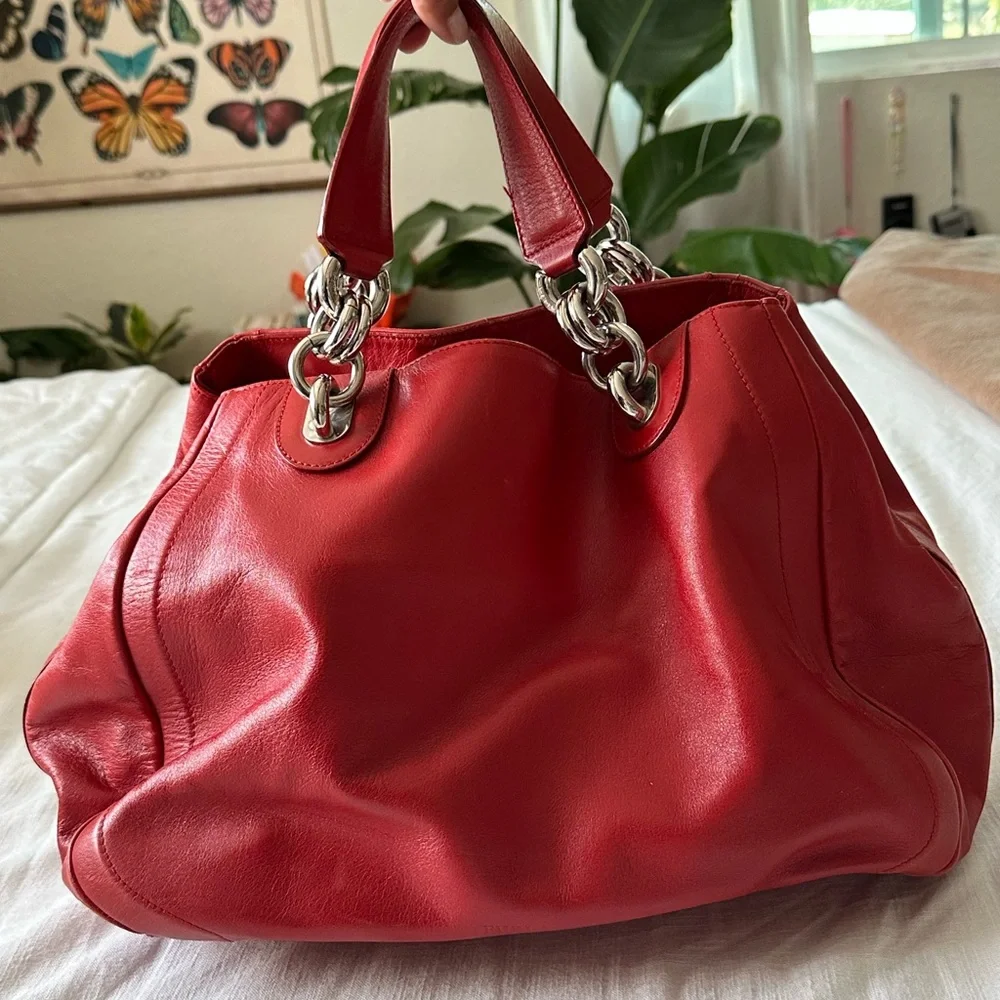 Furla Red Leather Tote with Silver Accents - Picture 2 of 5